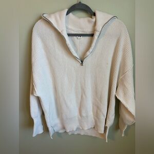 Aerie Cream Oversized Quarter-Zip Ribbed Sweater size M
